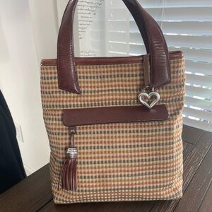 Brighton Top Handled Bag, Fabric with leather trim & handle, 8-1/2” X 8” X 4”